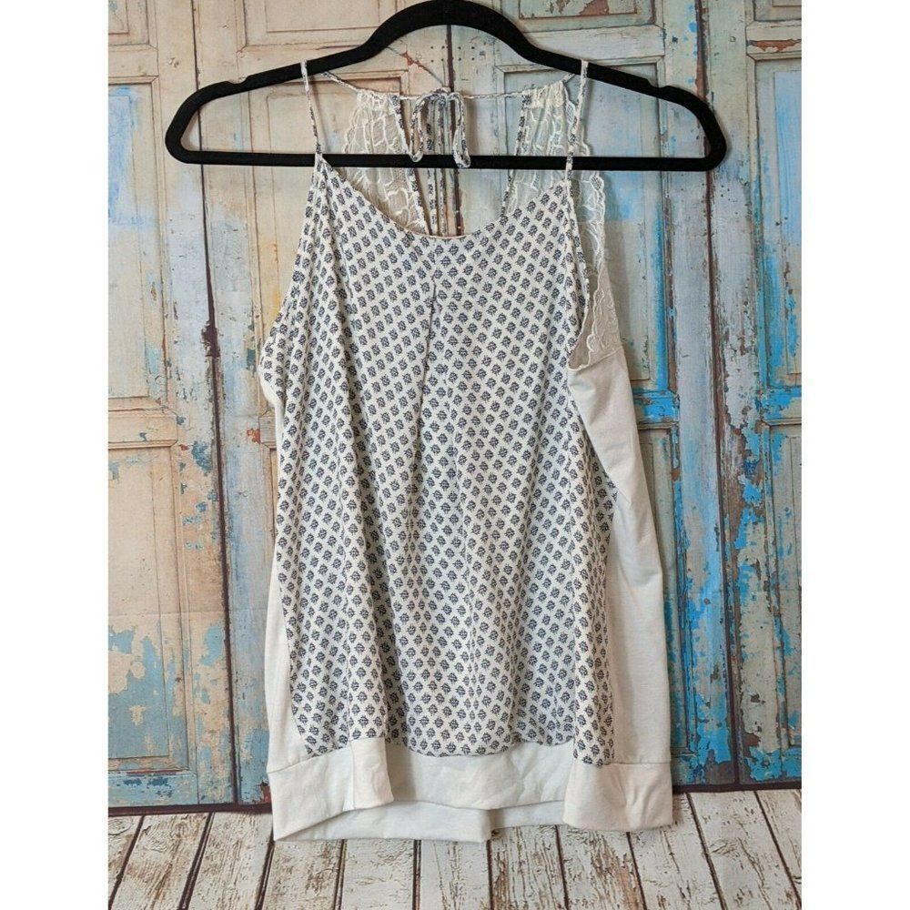 Maurices Women Size 1 White Blue Sleeveless Halter Strap Tie Round Neck Tank Top